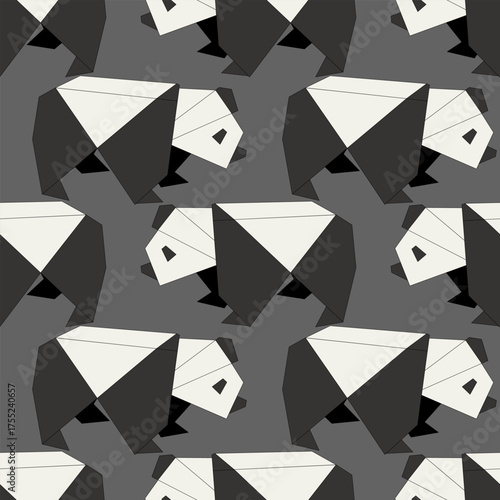 Vector animals in origami style, featuring a repeating pattern of stylized pandas in black and white on a gray background. Vector illustration