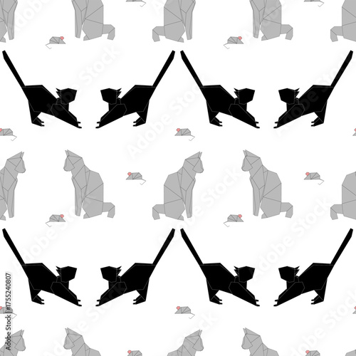 Vector animals in origami style, featuring black and gray cats and dogs in a repeating pattern on a white background. Vector illustration