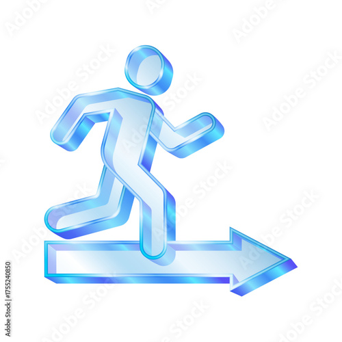 3D transparent blue glass man moving  on a arrow. Move forward for success future, business direction, determination or courage, business concept. vector illustration.