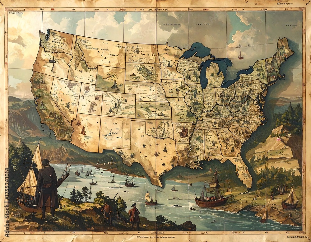 Naklejka premium Vintage Map of the United States with River Scene.