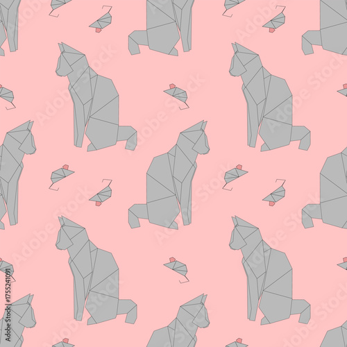 A seamless pattern of origami-style animals. Features gray cats and small mice on a pink background. The design is playful and modern, suitable for various applications.