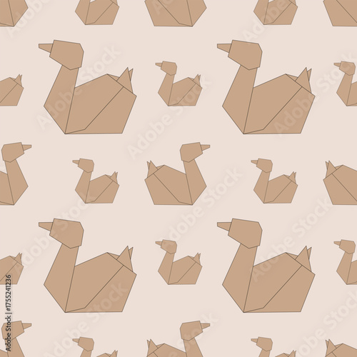 Vector animals in origami style, featuring various folded paper designs of ducks in a repeating pattern. The background is a soft beige color.