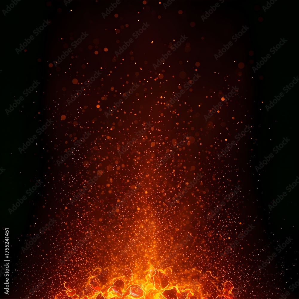 Fototapeta premium Fiery digital abstract background with bright orange and red glowing sparks rising dynamically over burning embers, conveying powerful energy and heat.