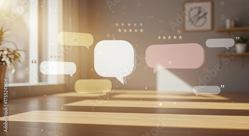 Dynamic 3D representation of customer testimonials and glowing star reviews in a bright, modern interior setting.