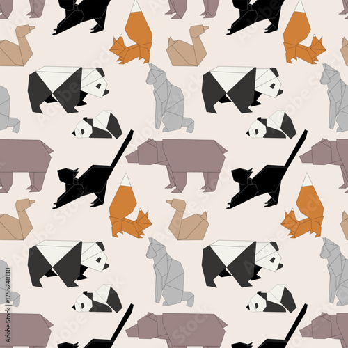 Vector animals in origami style, featuring bears, foxes, and pandas in various colors. The design showcases a playful and artistic arrangement of these animals.