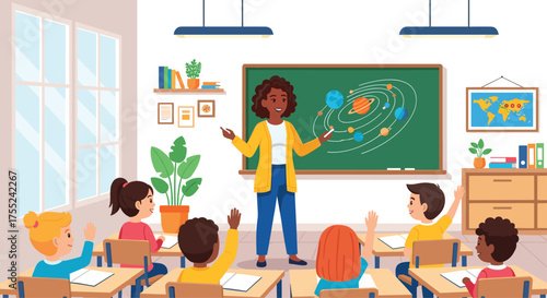 Engaging classroom scene with diverse students eagerly raising hands during vibrant science lesson about planets and solar system with enthusiastic teacher