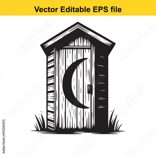 Vector art of vintage wooden outhouse with a crescent moon on the door, isolated on a
