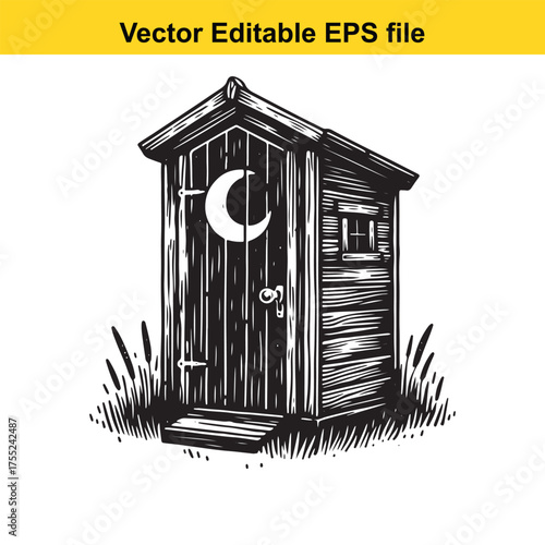 Vector art of rustic wooden outhouse with a crescent moon on the door and a small window, isolated on a