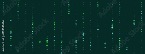 Abstract digital background with falling green and blue hearts and dots, creating a matrix-like love pattern