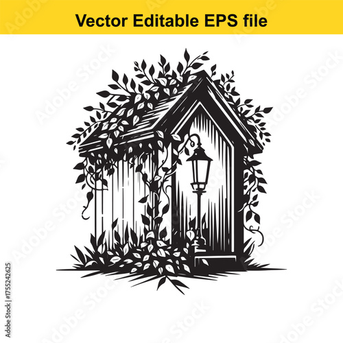 Vector art of enchanting wooden outhouse adorned with vines and a lantern, isolated on a