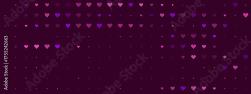 Abstract background with scattered pink and purple hearts and dots on a dark violet backdrop, perfect for romantic designs and celebrations.
