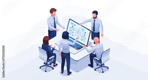 Engaged team collaborating on strategic planning with dynamic flowchart on laptop display, fostering innovation and driving business growth with modern technology