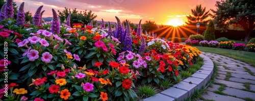 Wallpaper Mural Vibrant raised flower bed bursts with color at sunset, bordered by a stone path, landscaping, raised garden Torontodigital.ca