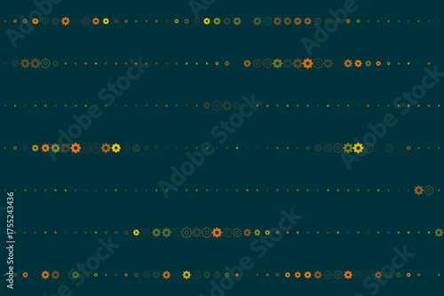 Abstract technological background with colorful gears and dots arranged in horizontal lines, creating a dynamic and modern digital pattern.