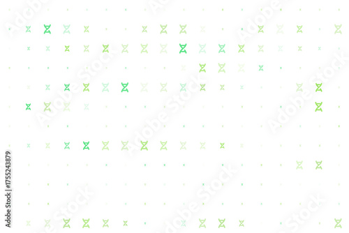 Abstract digital background with glowing green DNA helix symbols arranged in a grid pattern, representing genetics, biotechnology, and scientific innovation