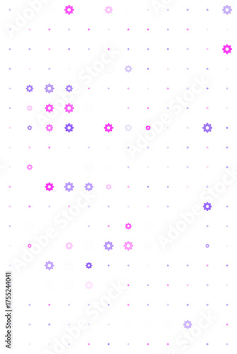 Abstract digital background with glowing pink, purple, and blue gear icons arranged in a technological grid pattern, representing innovation and system processes.