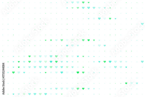 Abstract digital background with glowing green and blue heart pattern on a dark grid, representing love and technology
