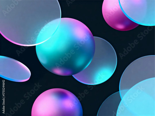 Vibrant spheres suspended in a dark environment, viewed from a dynamic perspective, illustrated in a digital format