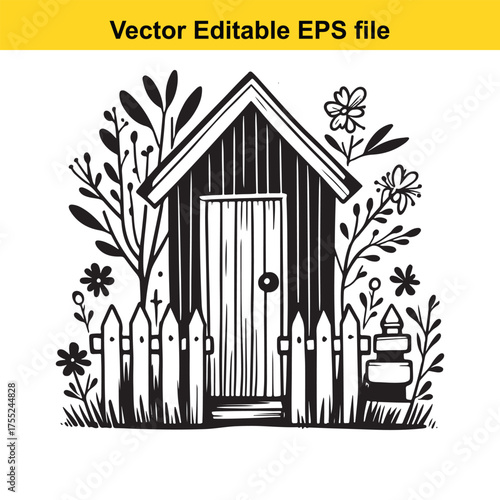 Vector art of handdrawn black and white illustration of a small wooden shed with a picket fence and garden plants