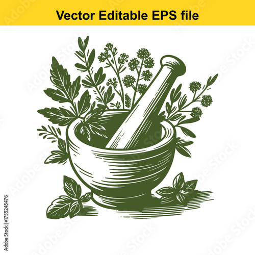 Vector art of mortar and pestle with herbs and plants, representing natural medicine and herbal remedies