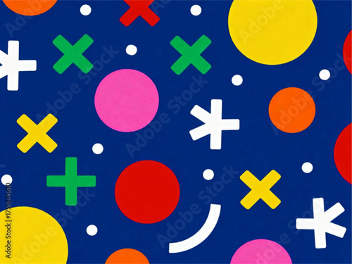 Vibrant graphic pattern featuring colorful shapes and symbols on a blue background