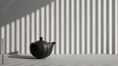 Korean tea ritual, A black pot sits on a surface, casting shadows from striped light against a textured wall, creating a striking visual contrast.