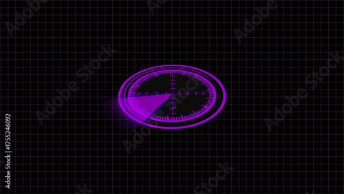 Purple radar scope animation glowing neon hud interface sci fi target scan circle motion graphics loop. Animated purple radar scope futuristic hud sci fi targeting system.