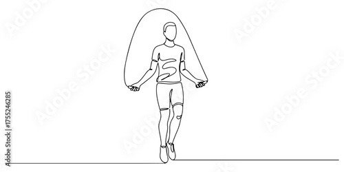 Continuous one line drawing of a person jumping rope, symbolizing energy, health, and rhythm, vector illustration style.