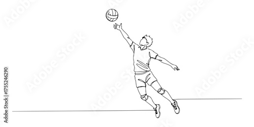 Continuous one line drawing of a volleyball player doing a spike, symbolizing focus, competition, and movement, style vector illustration.