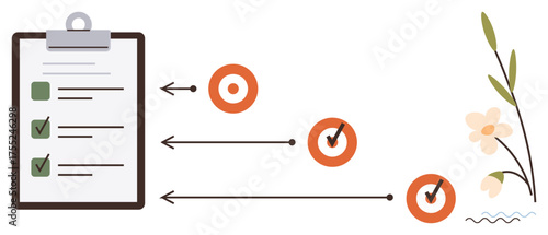 Clipboard checklist, target icons linked by arrows, and decorative floral elements. Ideal for strategy, goal setting, productivity, workflow, focus planning and organization. A simple flat metaphor