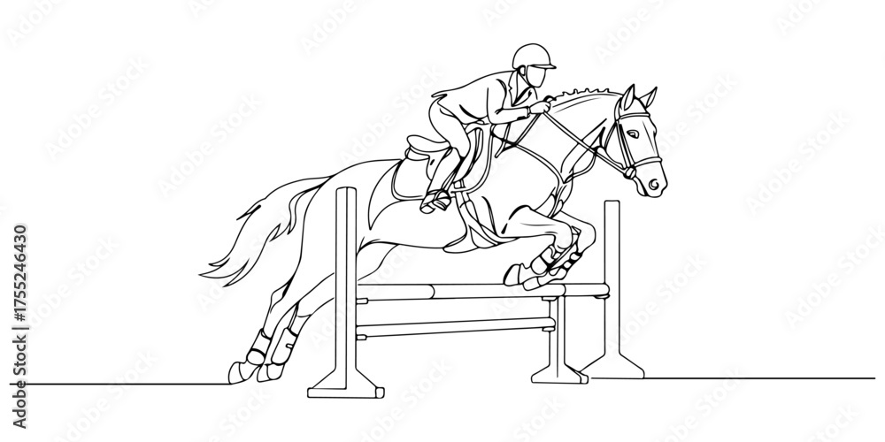 Fototapeta premium Continuous one line drawing of a horse rider jumping over an obstacle, symbolizing harmony, skill, and challenge, style vector illustration.