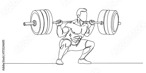 Continuous one line drawing of a weightlifter squatting with a heavy barbell, symbolizing strength, challenge, and tenacity, style vector illustration.