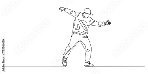 Continuous one line drawing of a person doing breakdance movements, symbolizing rhythm, art, and culture, vector illustration style.