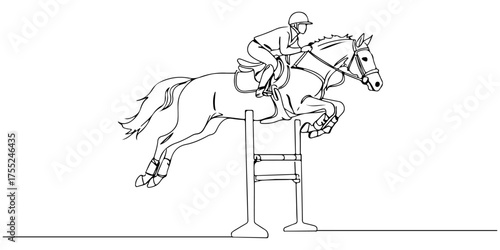 Continuous one line drawing of a horse rider jumping over an obstacle, symbolizing harmony, skill, and challenge, style vector illustration.