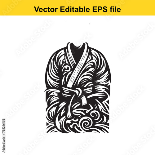 Vector art of black and white illustration of a martial arts gi with swirling patterns