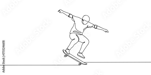 Continuous one line drawing of a skateboarder doing tricks, representing creativity, style, and youth, style vector illustration.