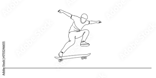 Continuous one line drawing of a skateboarder doing tricks, representing creativity, style, and youth, style vector illustration.