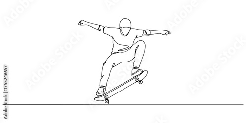 Continuous one line drawing of a skateboarder doing tricks, representing creativity, style, and youth, style vector illustration.