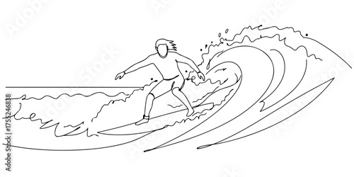Continuous one line drawing of a surfer riding a wave, representing adventure, movement, and nature, style vector illustration.
