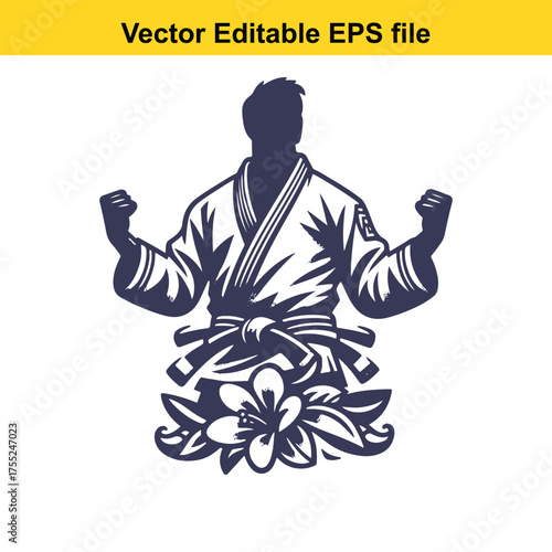Vector art of silhouette of a martial artist in a kimono with fists raised, surrounded by flowers
