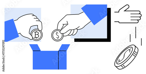 Hands exchanging coins, placing them in virtual boxes, handing and tossing currency. Ideal for investment, donation, digital finance, savings, e-commerce, crowdfunding and transactions in simple
