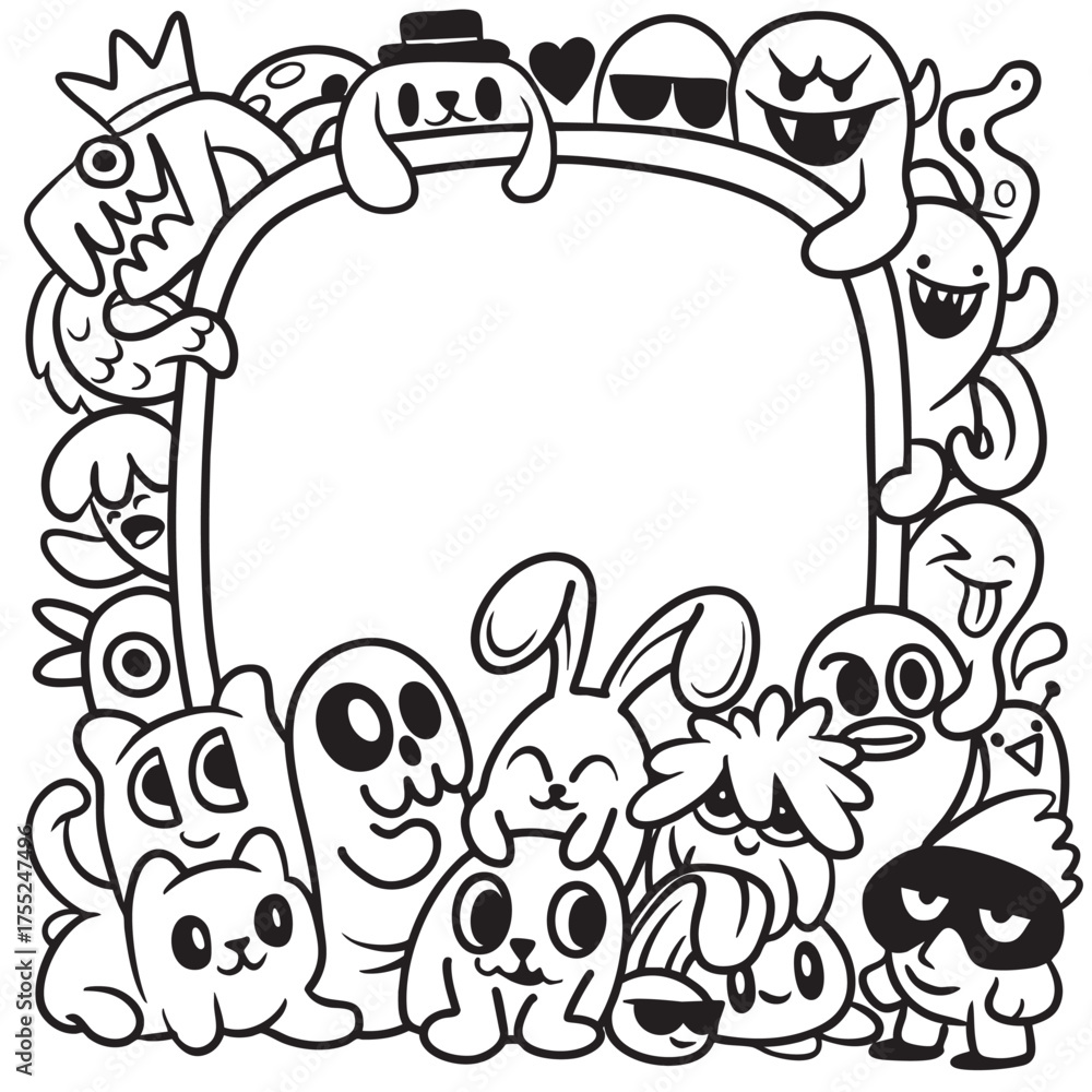Naklejka premium Cute doodle monster, bunny, cat, ghost, and animal frame with happy and playful expressions