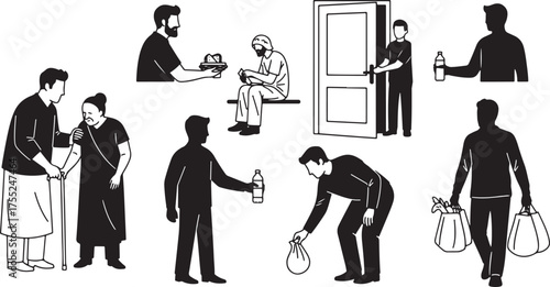  A diverse collection of line art and silhouette illustrations depicting various acts of kindness and help.