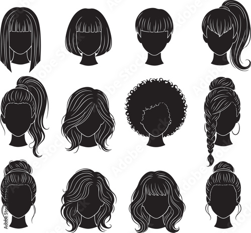  A diverse collection of twelve black and white silhouettes showcasing different female hairstyles and haircuts