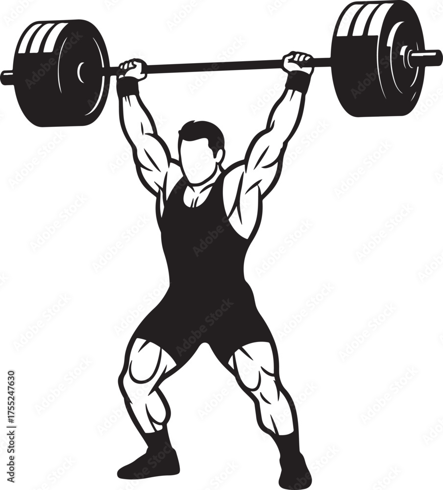 Obraz premium A muscular male athlete performing an overhead press with a heavy barbell in a black and white illustration.