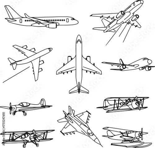  A line art illustration featuring various types of airplanes including passenger jets and fighter planes.