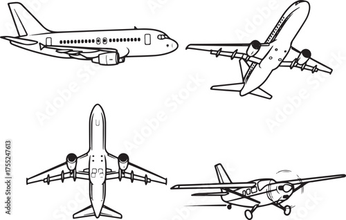 A line art illustration featuring four different styles of airplanes including a passenger jet and a small aircraft
