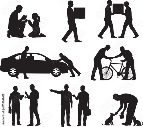 A set of nine black silhouettes depicting various human actions and interactions in a simple illustration.