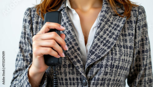 Professional woman holding telephone, dressed in stylish plaid suit, exuding confidence and readiness for communication. image captures moment of business engagement