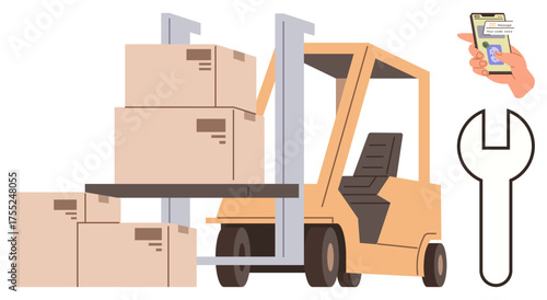 Forklift transporting boxes, hand with smartphone app for tracking, and wrench. Ideal for logistics, warehouses, supply chain, maintenance, technology shipping automation. Simple flat metaphor